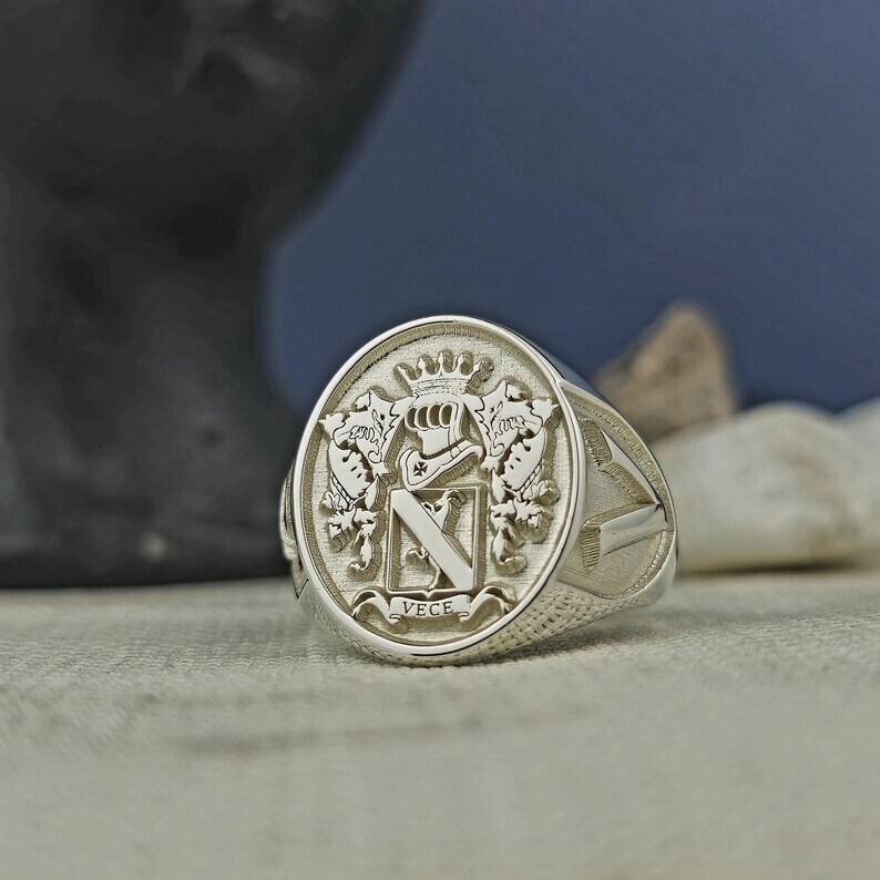 Custom Silver Crest Ring - Coat of Arms Signet for Men, Personalized Gift