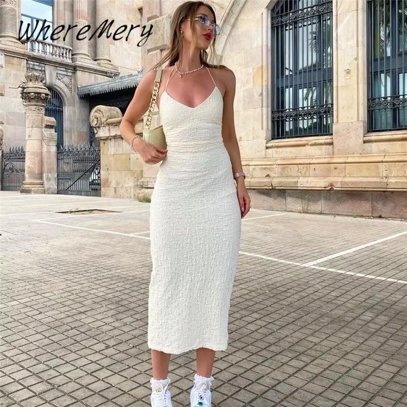 Wheremery Elegant Sleeveless Long Dresses Y2k Summer Backless Slim Low-cut Women