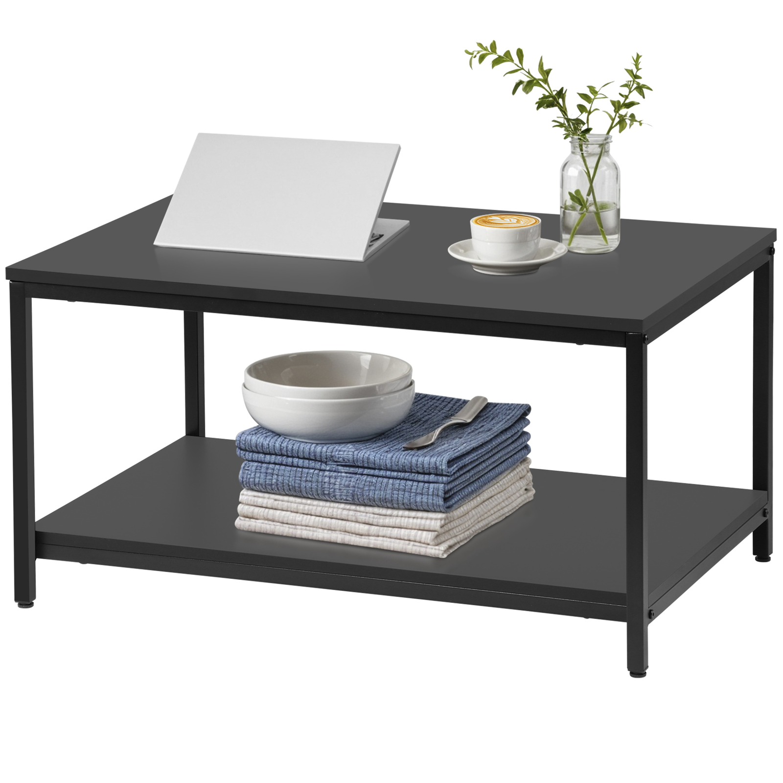 31" Coffee Table Rectangular Tea Table w/Storage Shelf Black Cozy Home Decor