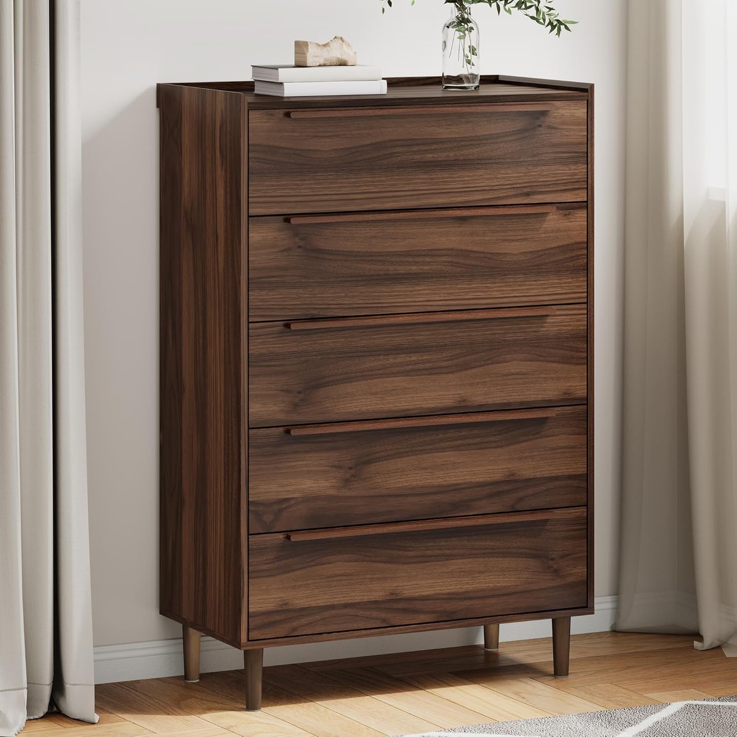 Mid-Century Modern 5-Drawer Dresser, 48" Tall Chest of Drawers (Black/Walnut)