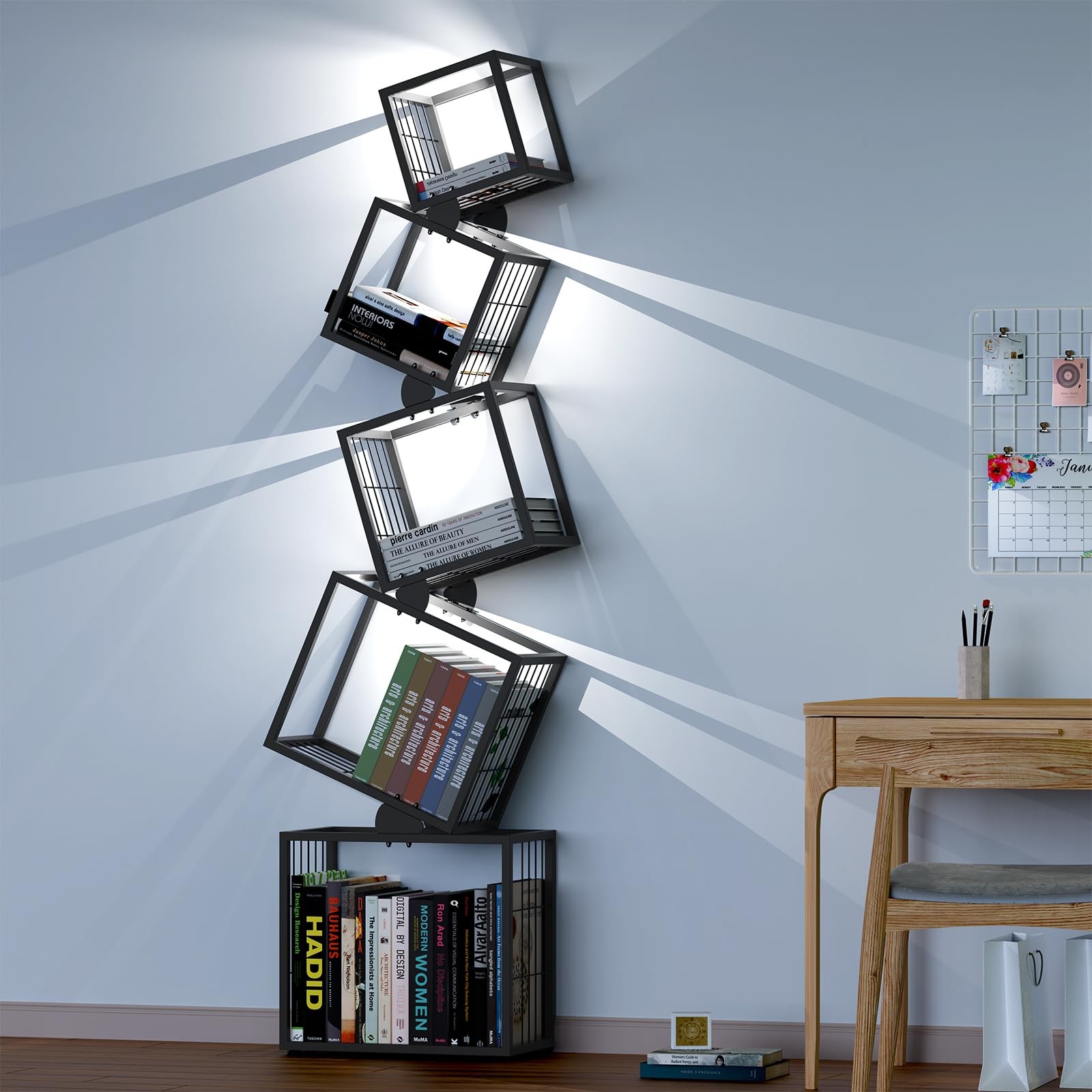 5-Tier Skinny Bookshelf with Unique Geometric Design - Modern Metal Bookcase ...