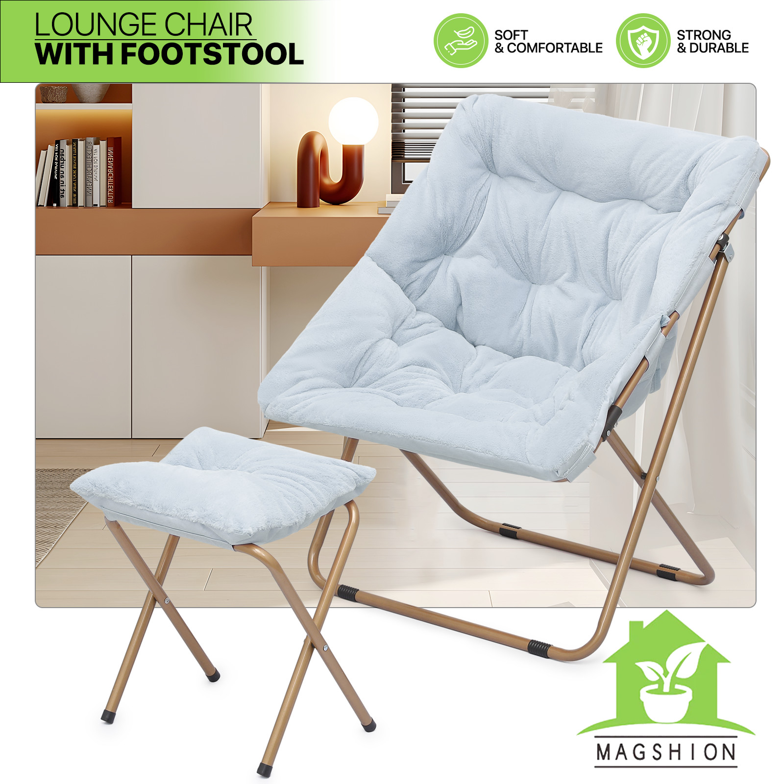 Folding Saucer Cozy Chair Home Blue Faux Fur Oversized Upholstery Seat w/Ottoman