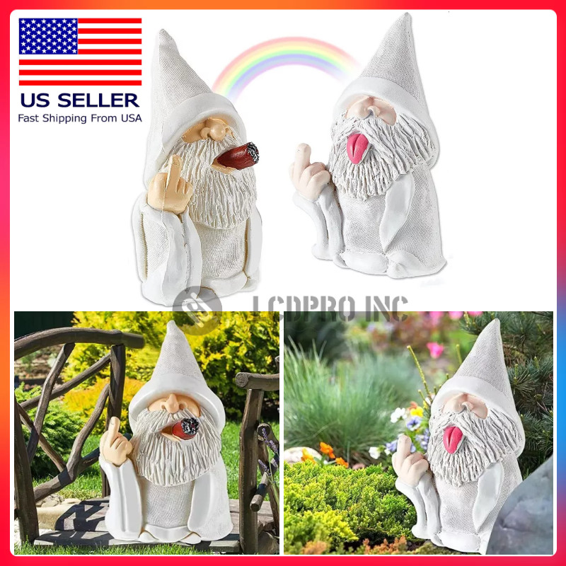 White Wizard Gnome Middle Finger Garden Smoking Yard Lawn Ornament Statue Decor