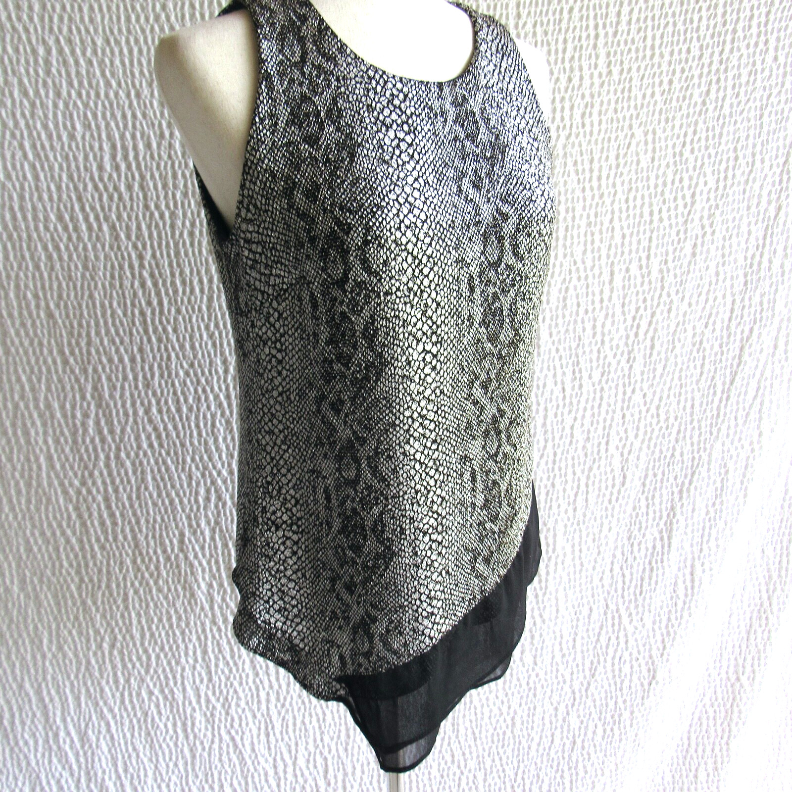 Silver Snake Print Shirt Top S Layered Look Black Chiffon S Levine Evening Dresy