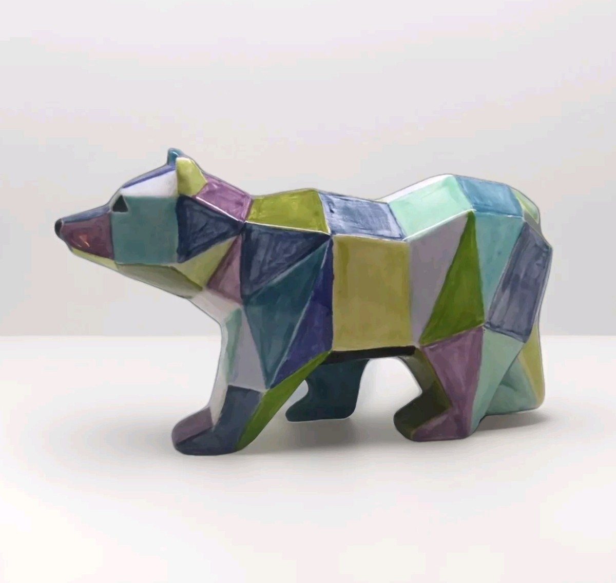 Colorful Ceramic geometric Bear House Home Decor 10×5.5" Blue Green Hand Painted