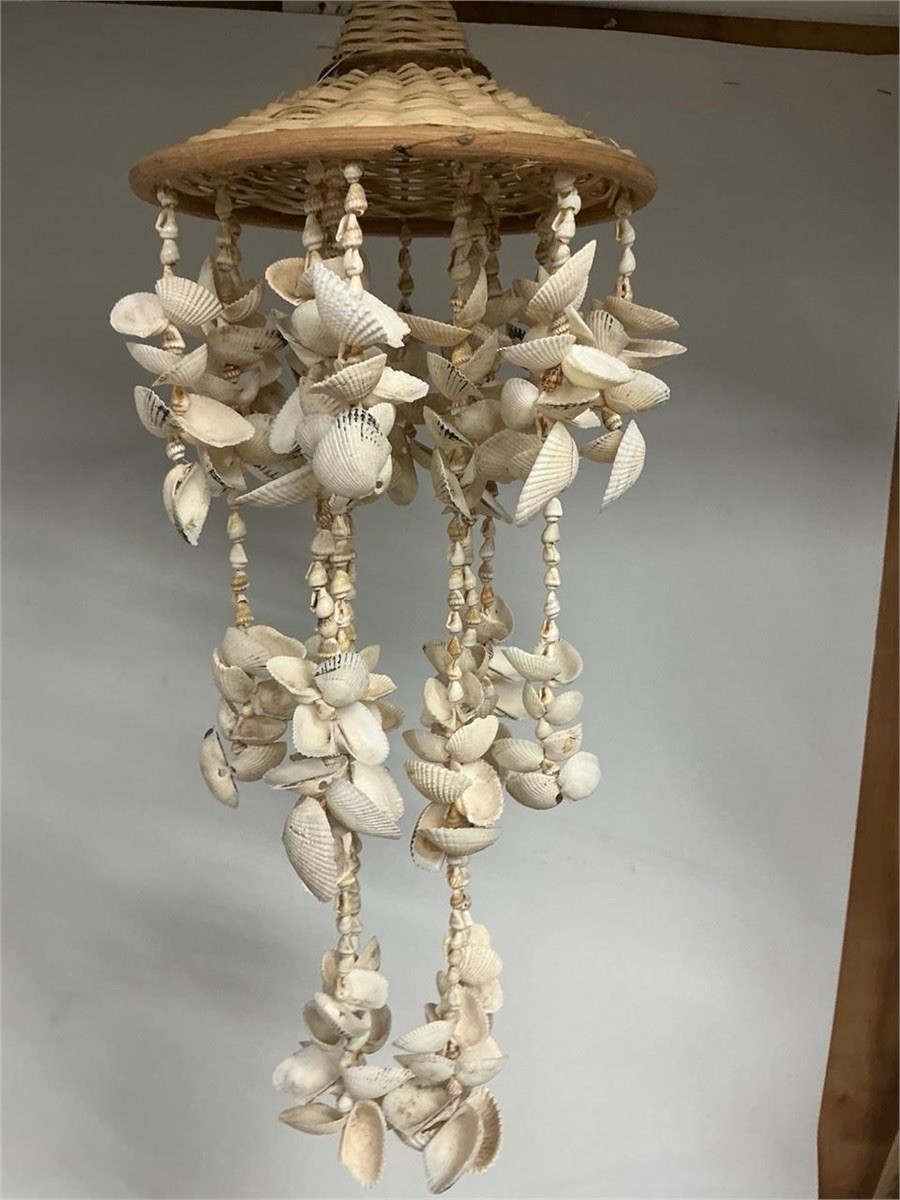 Vtg Hanging Shell And Wicker Ocean Beach Boho Home Decor  23” Windchime