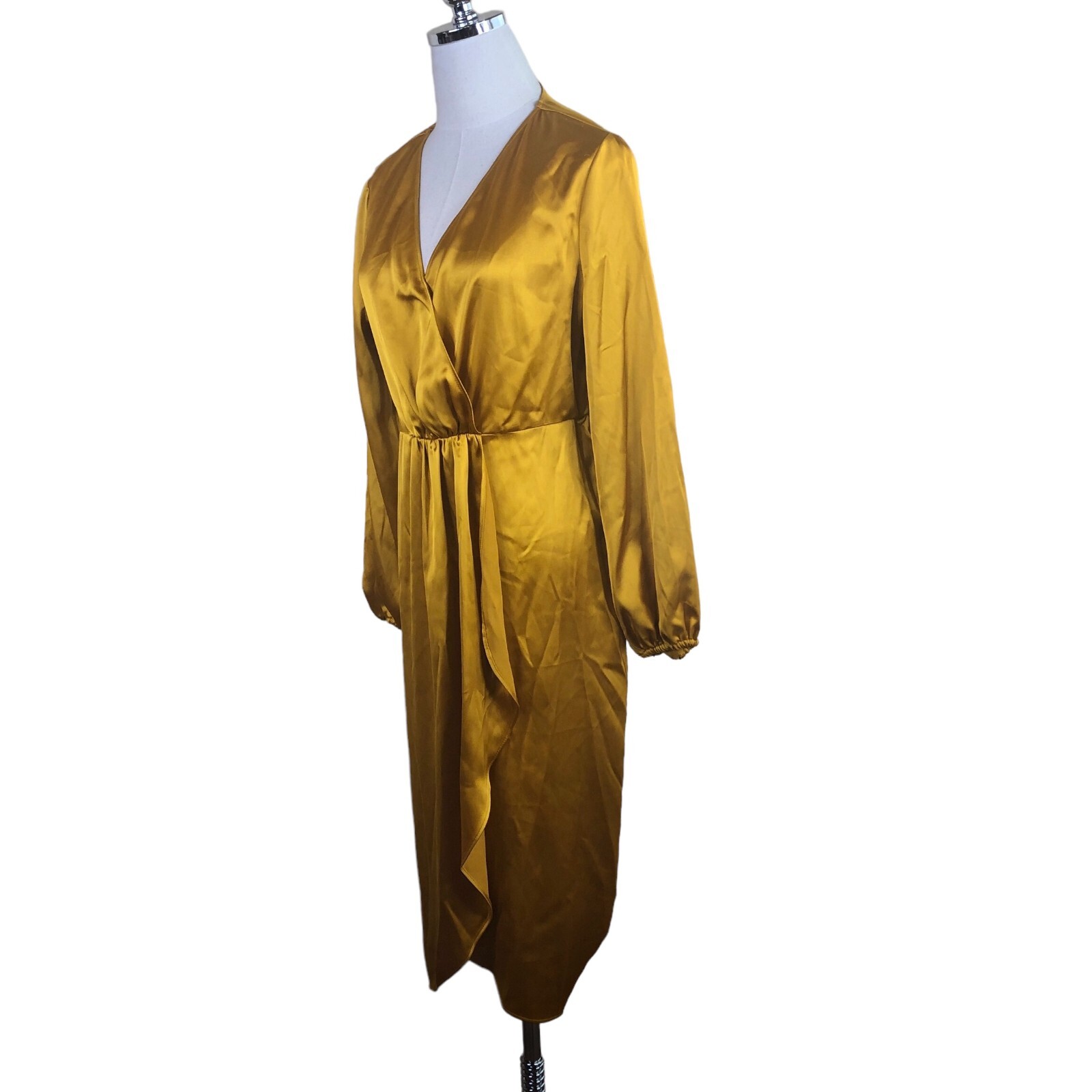Worthington Satin Dress Womens Small Gold Wrap Look V-Neck Cocktail Evening New