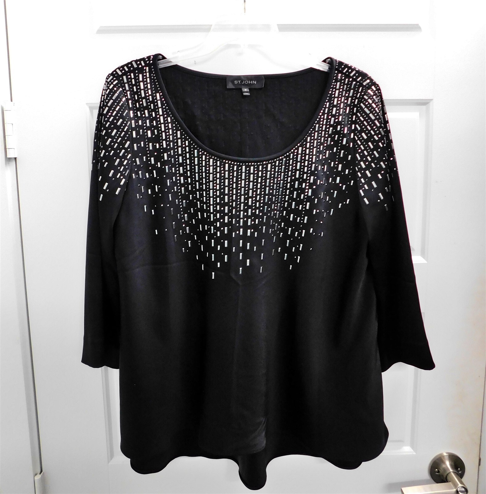 St John Black Satin Look Jeweled Studded Evening Top sz M