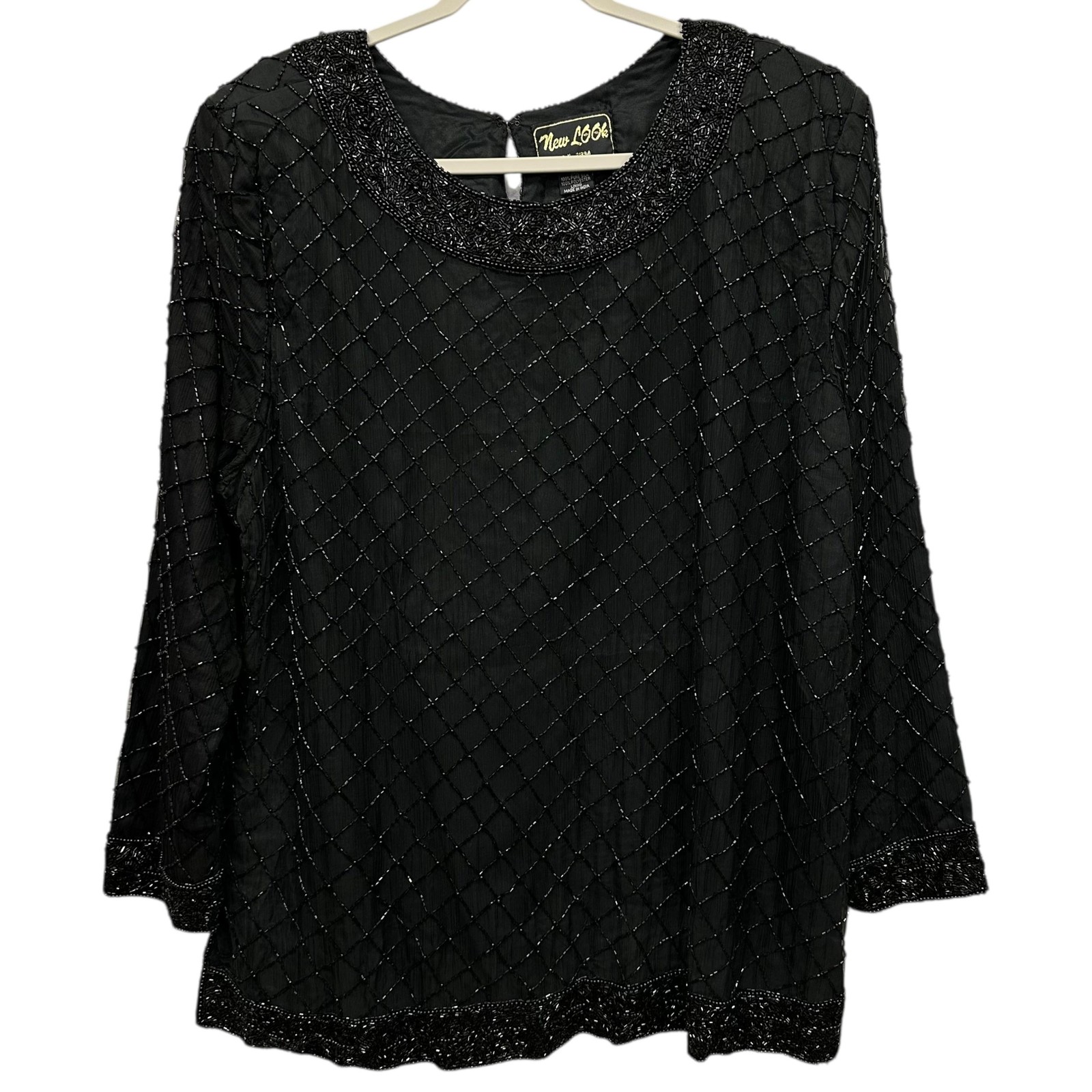 NWT New Look Shirt Womens 3XL Black Pure Silk Beaded Evening Party Top