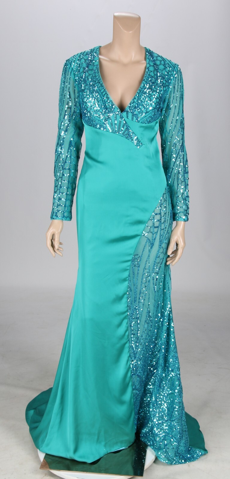 Bridess Turquoise Satin Sequin Illusion 80s Look Prom Formal Evening Dress sz 8