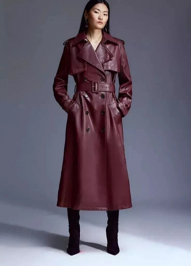 Stylish Leather Women's Trench Coat Burgundy New Handmade Genuine Lambskin Soft