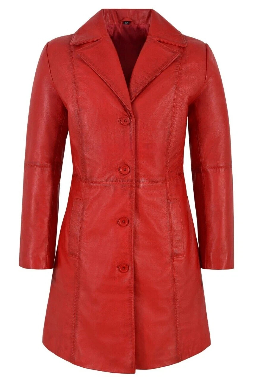 Genuine Leather Casual Stylish Soft New Women Trench Coat Red Handmade Lambskin