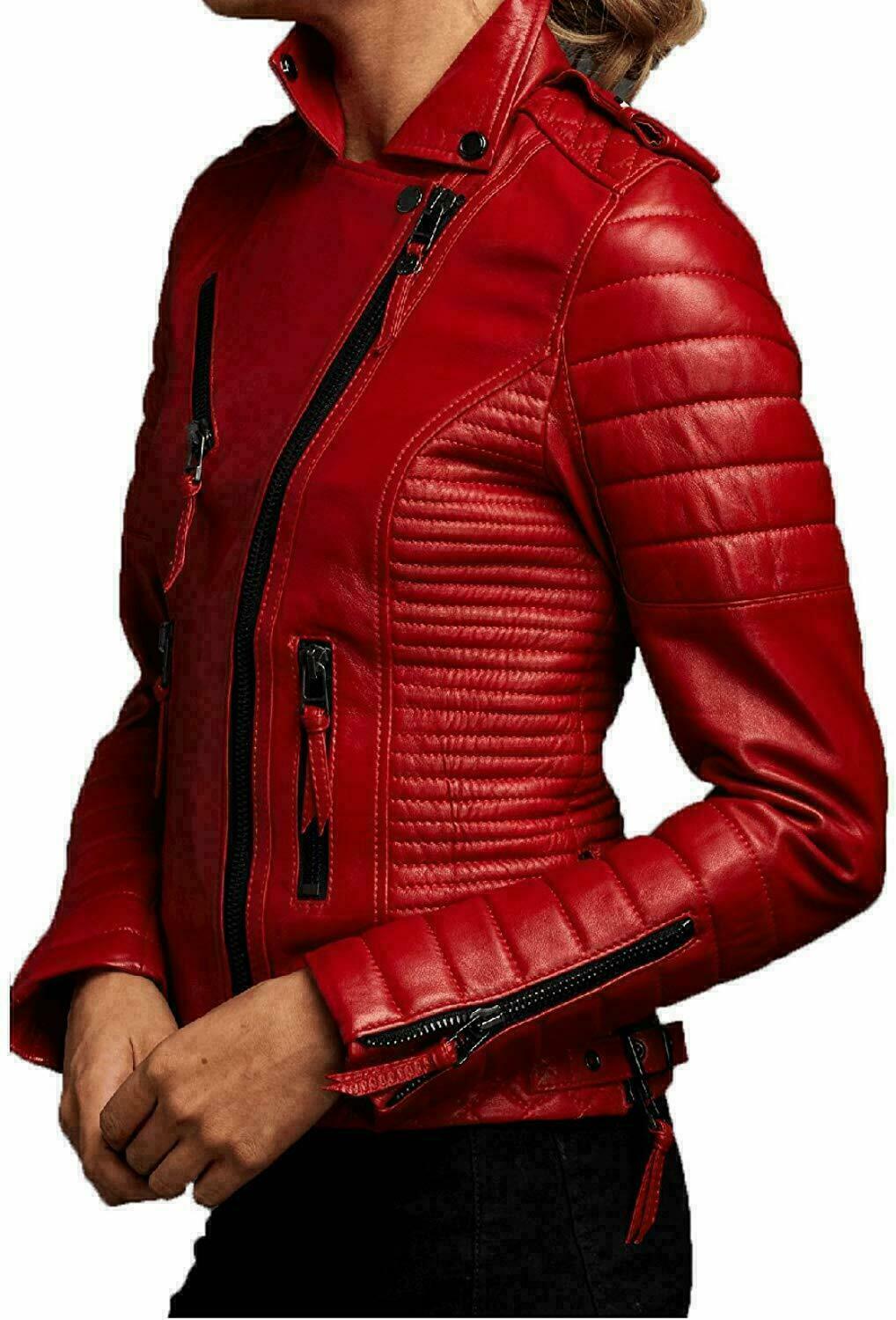 Women's Genuine Lambskin Real Leather Stylish Red Biker Jacket Classic Moto Coat