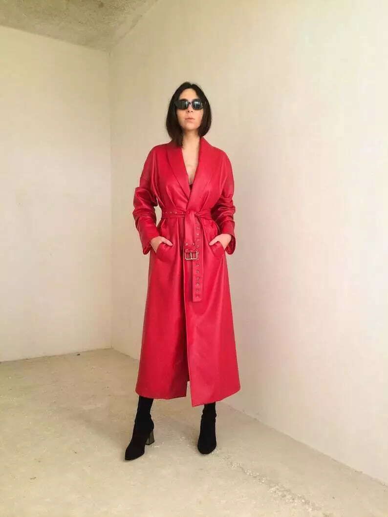 Red Fashionable Stylish Long Outwear Women Genuine Lambskin Leather Trench Coat