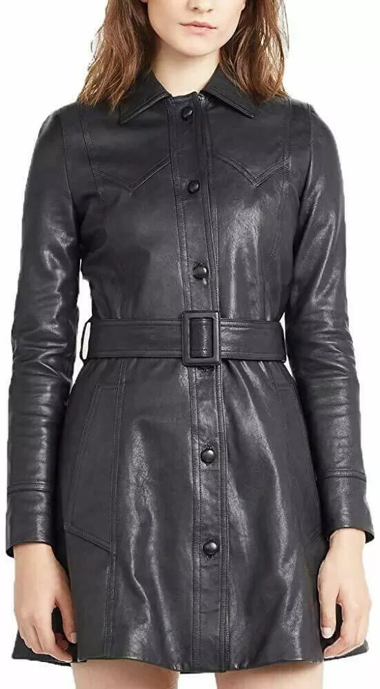 Stylish Handmade Women's Hot Real Genuine Lambskin Black Leather Trench Coat