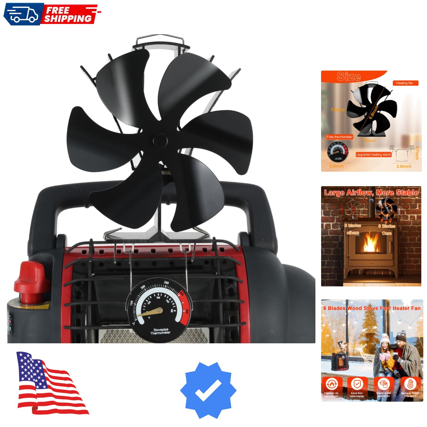 Efficient 6-Blade Fireplace Fan with Free Standing Design - Cozy Home Heating