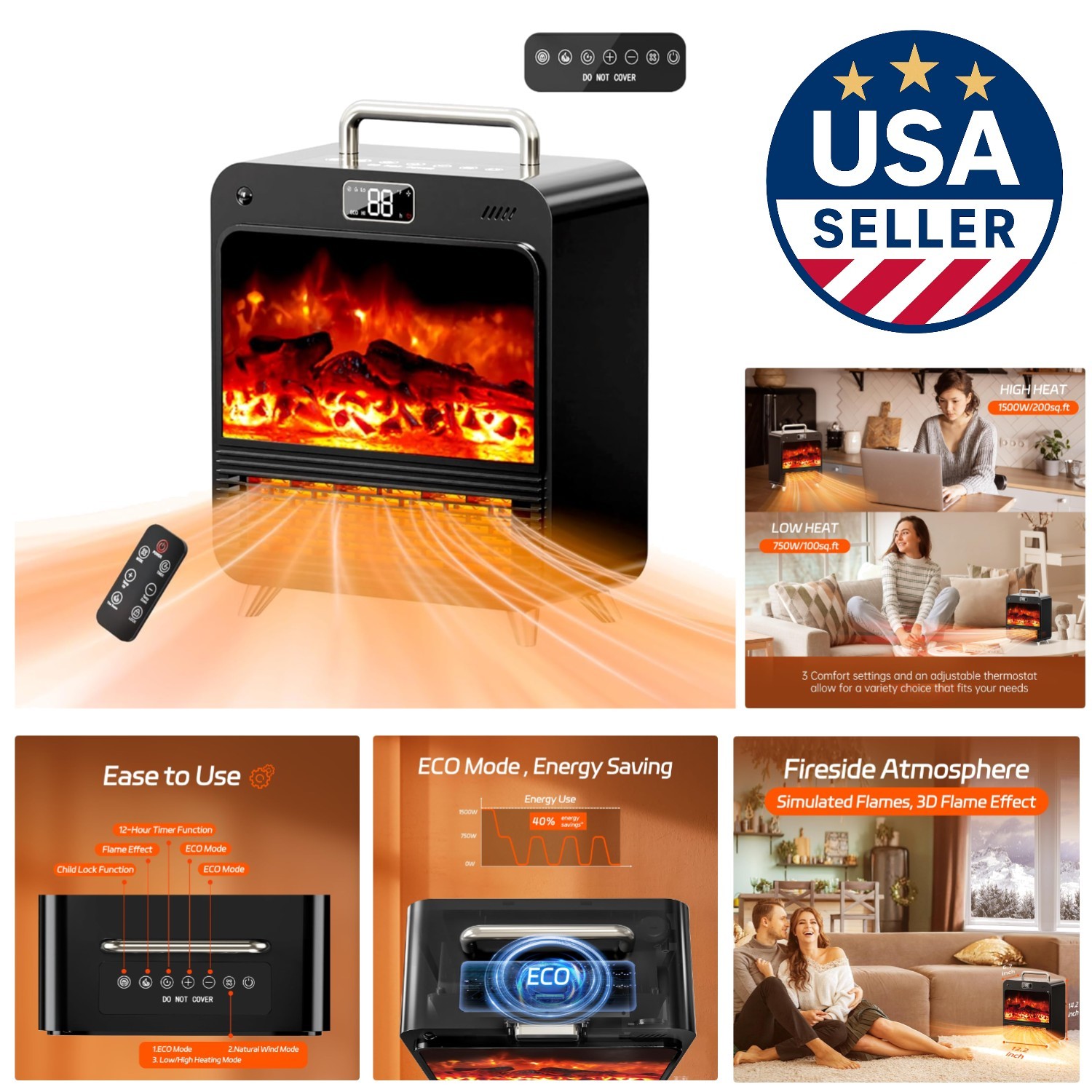 Versatile Electric Fireplace Heater - 3 Heat Modes & 12-Hr Timer for Cozy Spaces