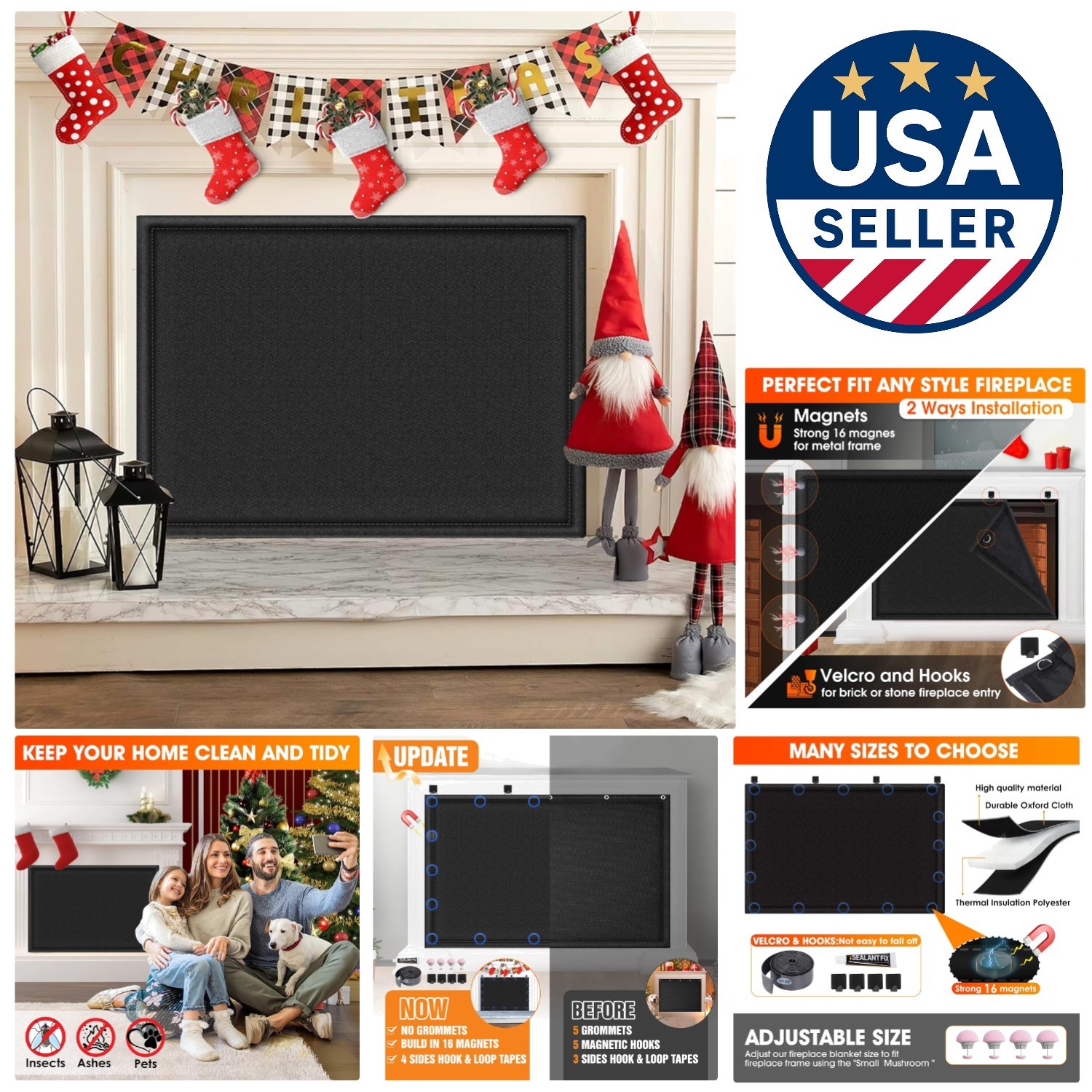 Magnetic Fireplace Draft Stopper - Cozy Black Blanket Prevents Heat Loss 36"x24"