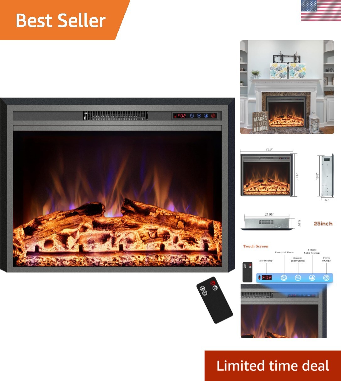 Space-Saving 25" Recessed Electric Fireplace Inserts with Overheat Protection