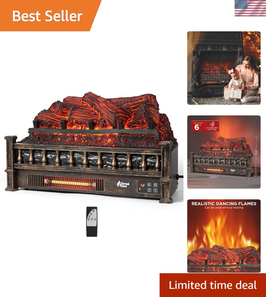 Stylish 23" Infrared Electric Fireplace Logs - Cozy Quartz Heating with Remote