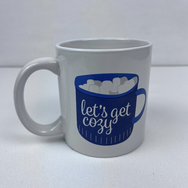 Let’s Get Cozy 14oz White & Blue Coffee Mug Home Work Office Kitchenware Cup