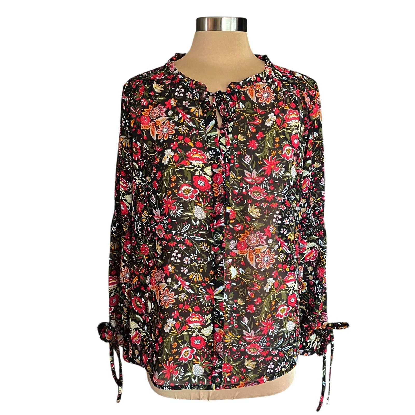 Simply Styled Dark Floral Top Womens L Semi-Sheer Chiffon Ruffles Boho Feminine