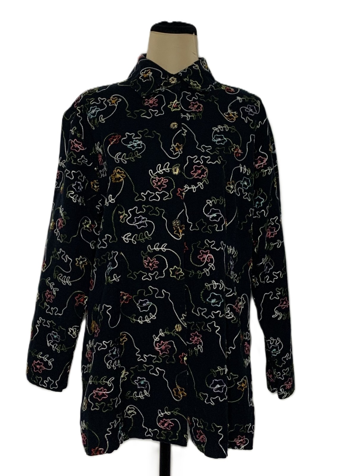 Life Style Button Down Shirt Sz Large Embroidered Linen Cotton  Black