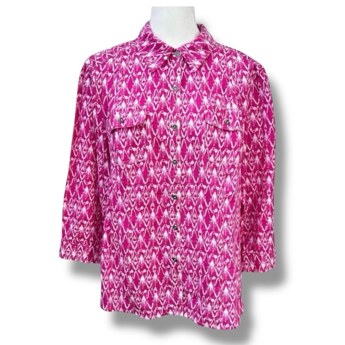 Style & Co Button Up Shirt Women Size 16 Pink White Ikat Linen Casual Summer Top