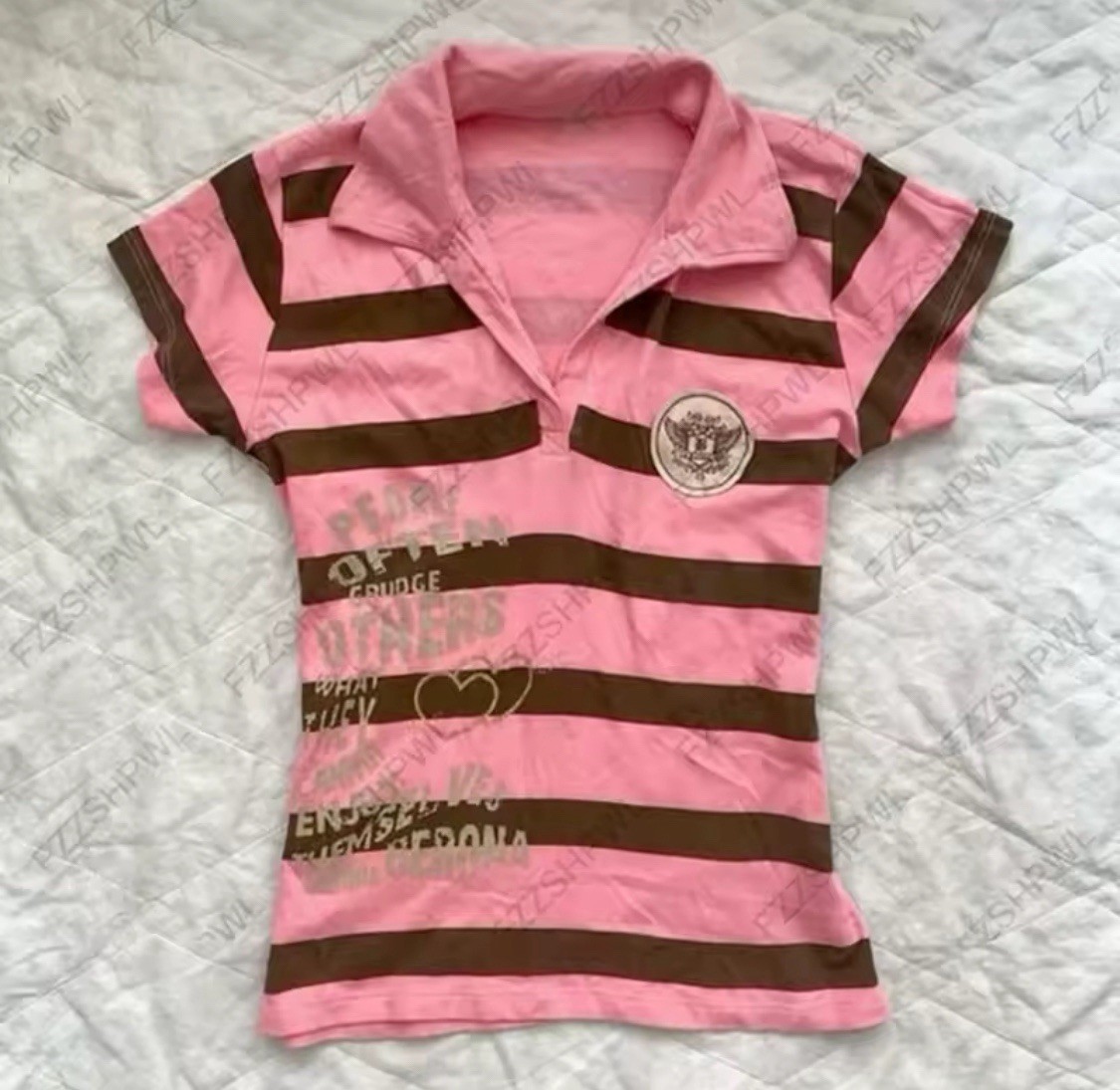 Y2K Women’s Polo Collared Pink And Brown Size Small Japanese Styled