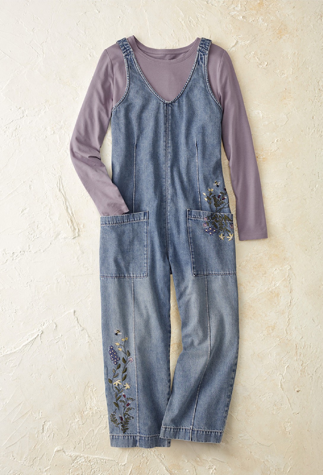 Coldwater Creek Embroidered Easy Denim Jumpsuit Color Aegean Wash