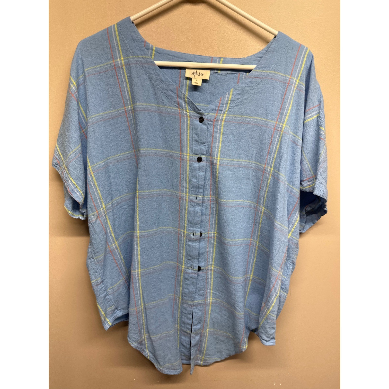 Style Co Plaid Button Up Short Sleeve Shirt Womens Size L Blue Casual Top