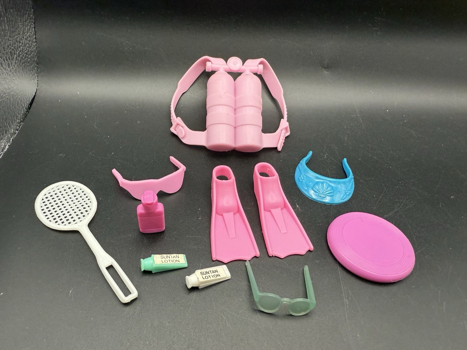 Barbie Summer Fun Accessory Lot Snorkel Fins Frisbee Air Tank Sunscreen Visor