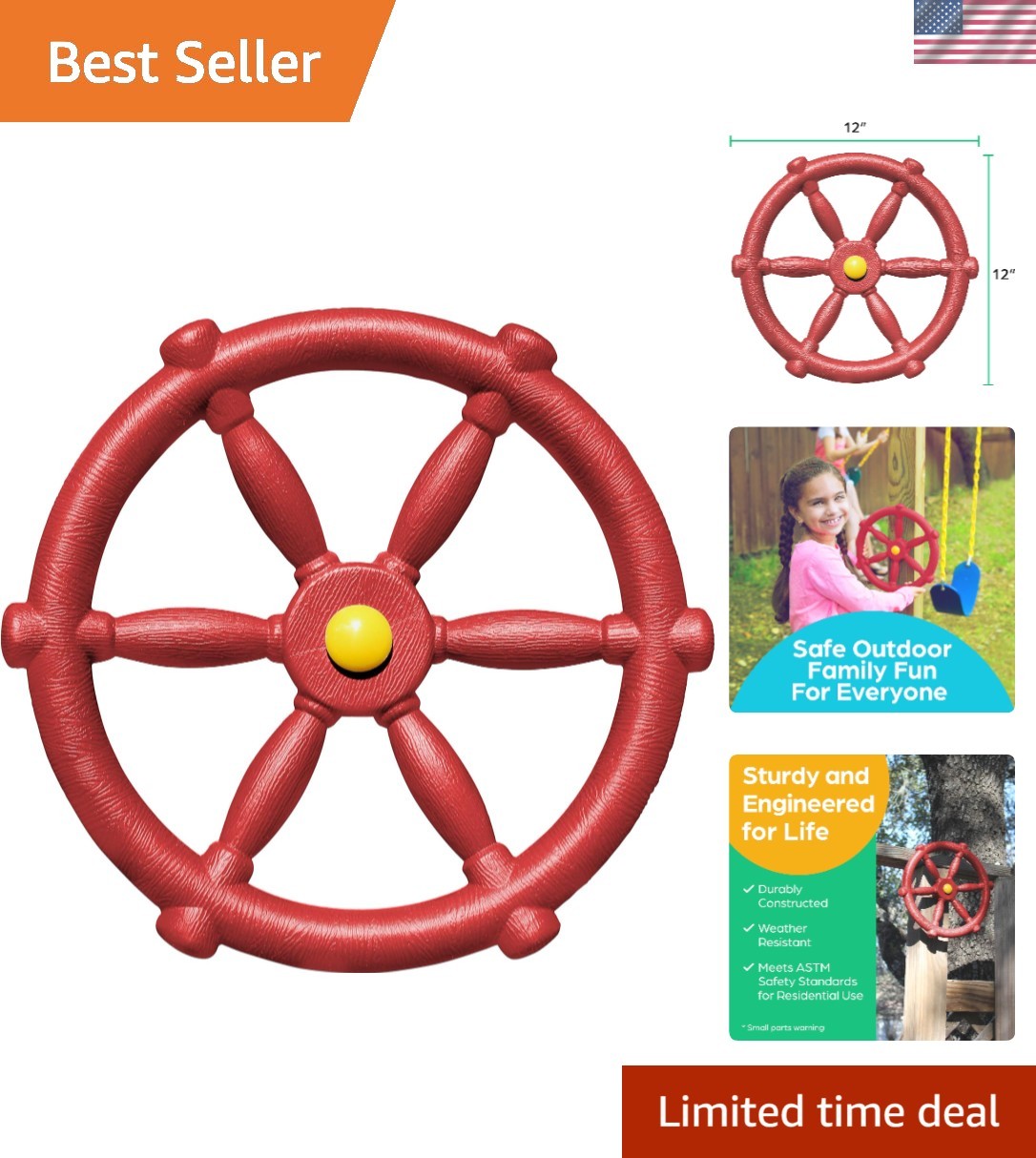 Easy-Install 12'' Pirate Ship Steering Wheel - Fun Accessory for Kids’ Playsets