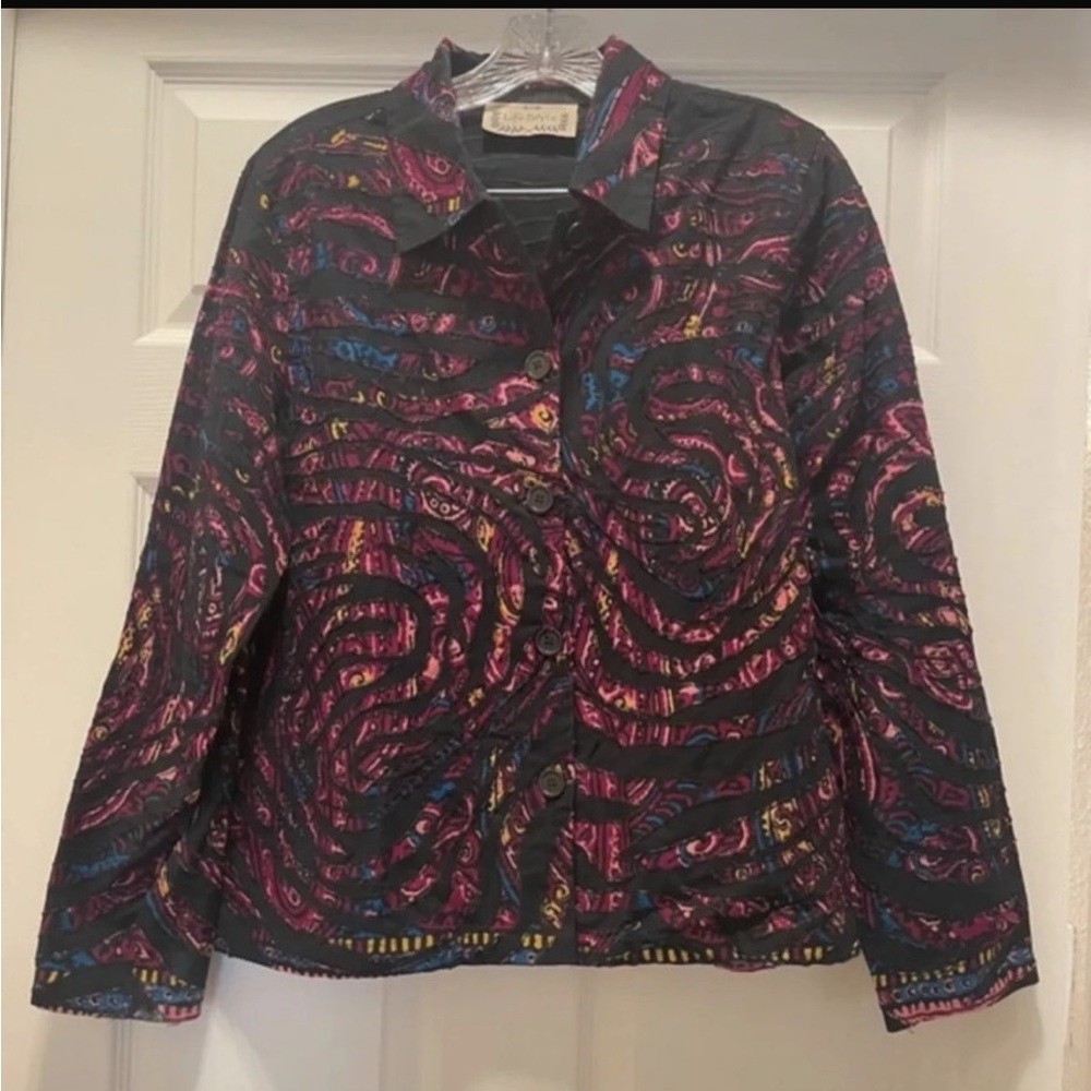 Life Style Black Multicolor Swirls Patterned Button Up Jacket Abstract Size M