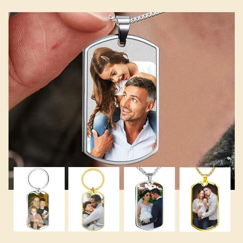 Personalized Picture Necklace Engraved Photo Text Necklace Dog Tag Keychain Gift