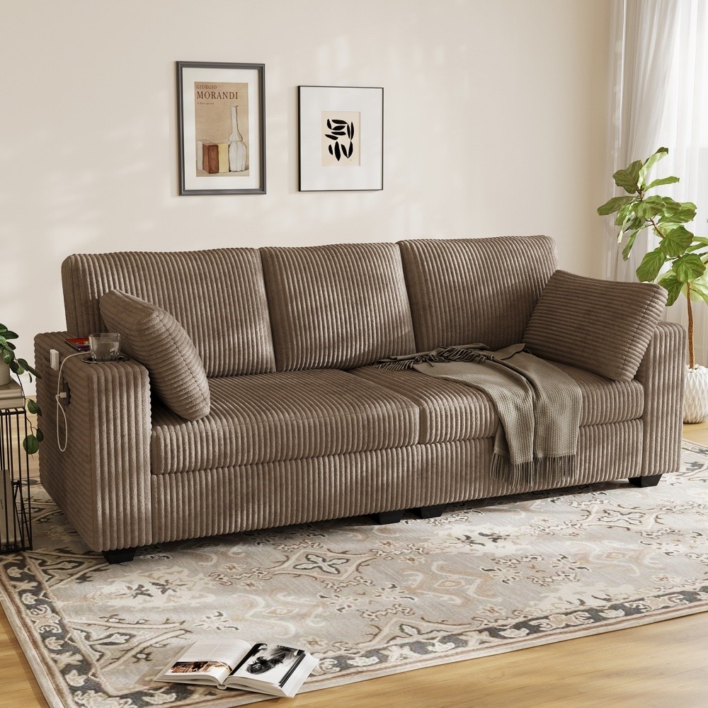Modern Deep Seat 3 Seater Sofa Couch with Cup Holders & USB Port,Side Pocket