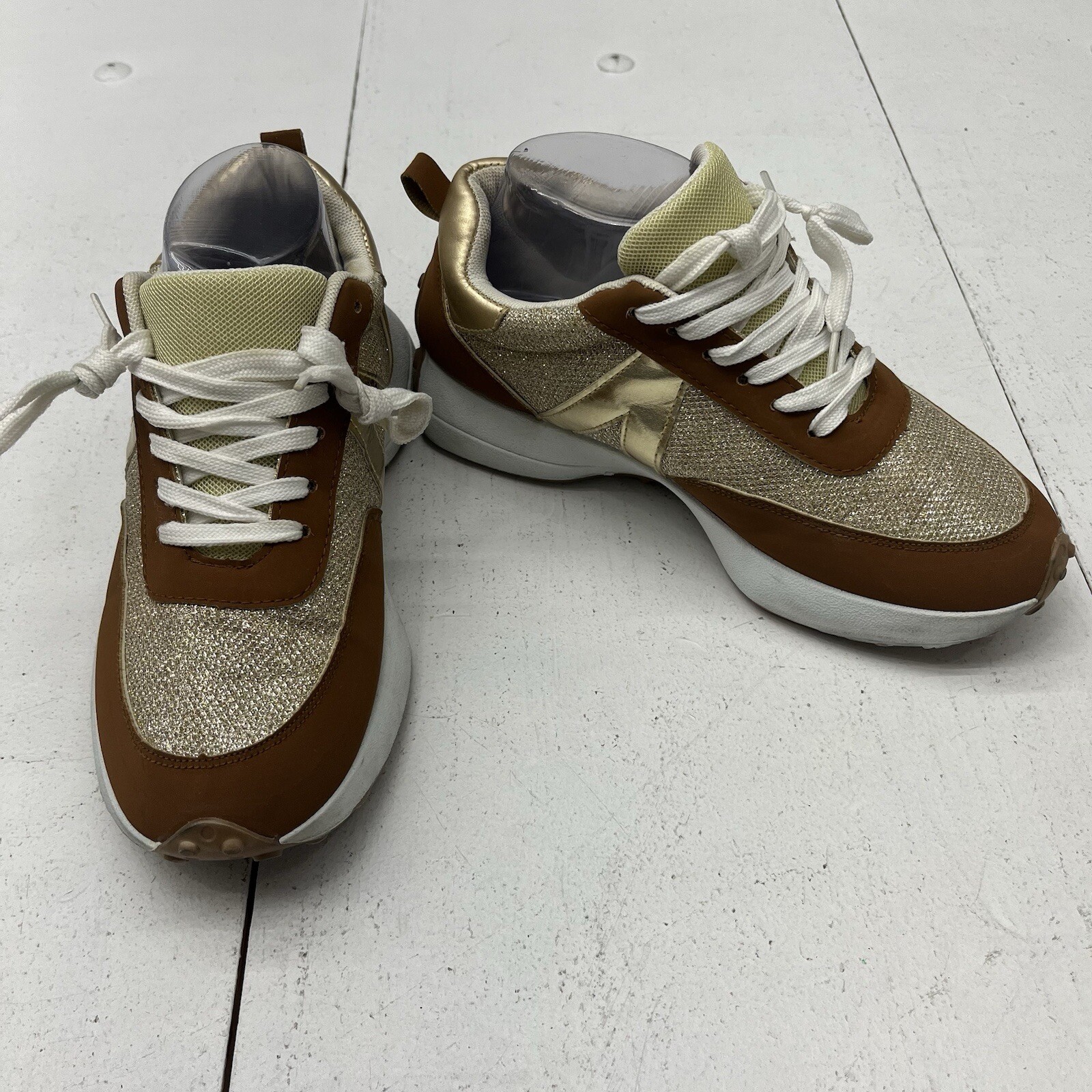 Rouge Brown Gold Lace Up Sneakers Statement Athletic Shoes Women’s Size 8.5