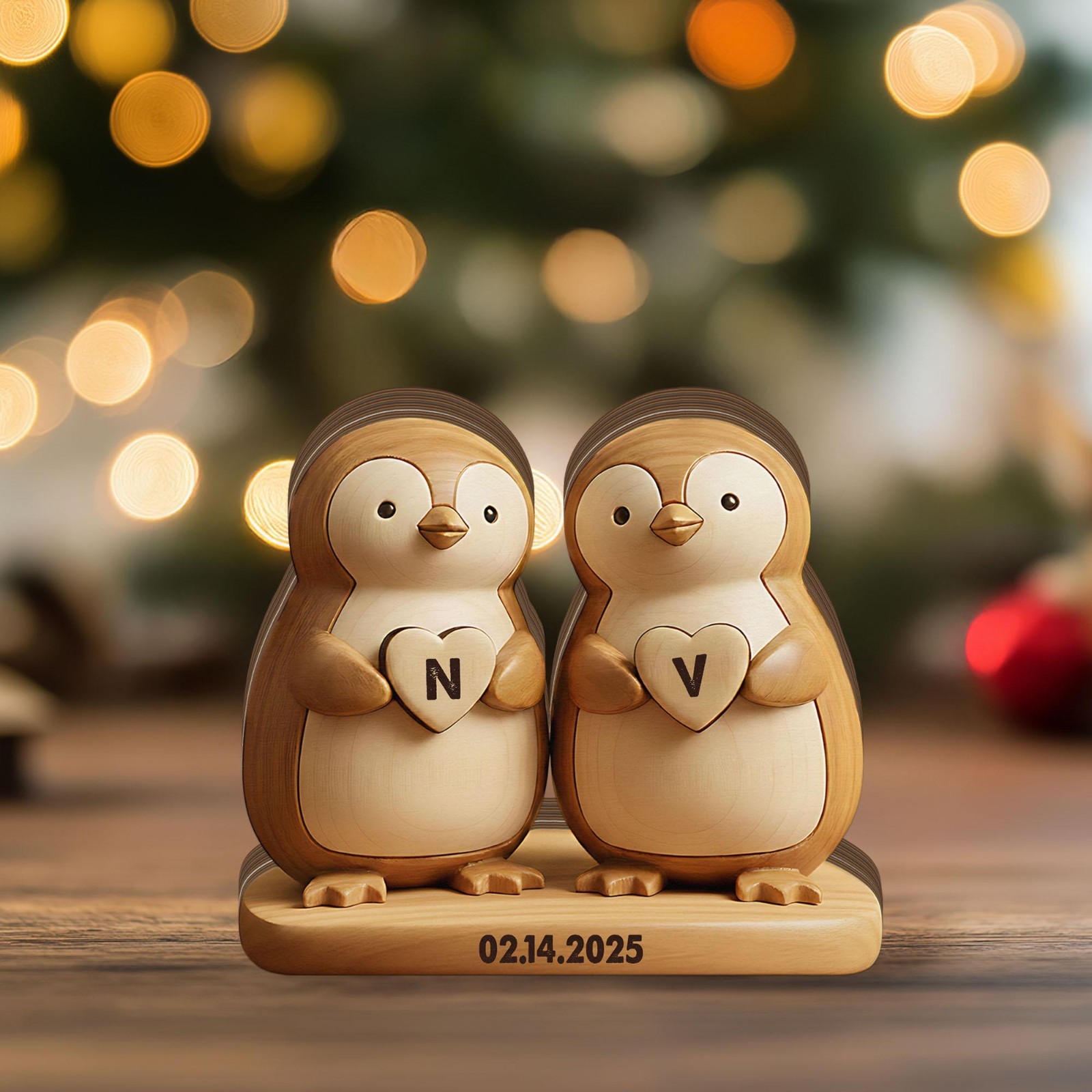 Custom Penguin Couple Wooden Block - Personalized Anniversary Gift Love Keepsake