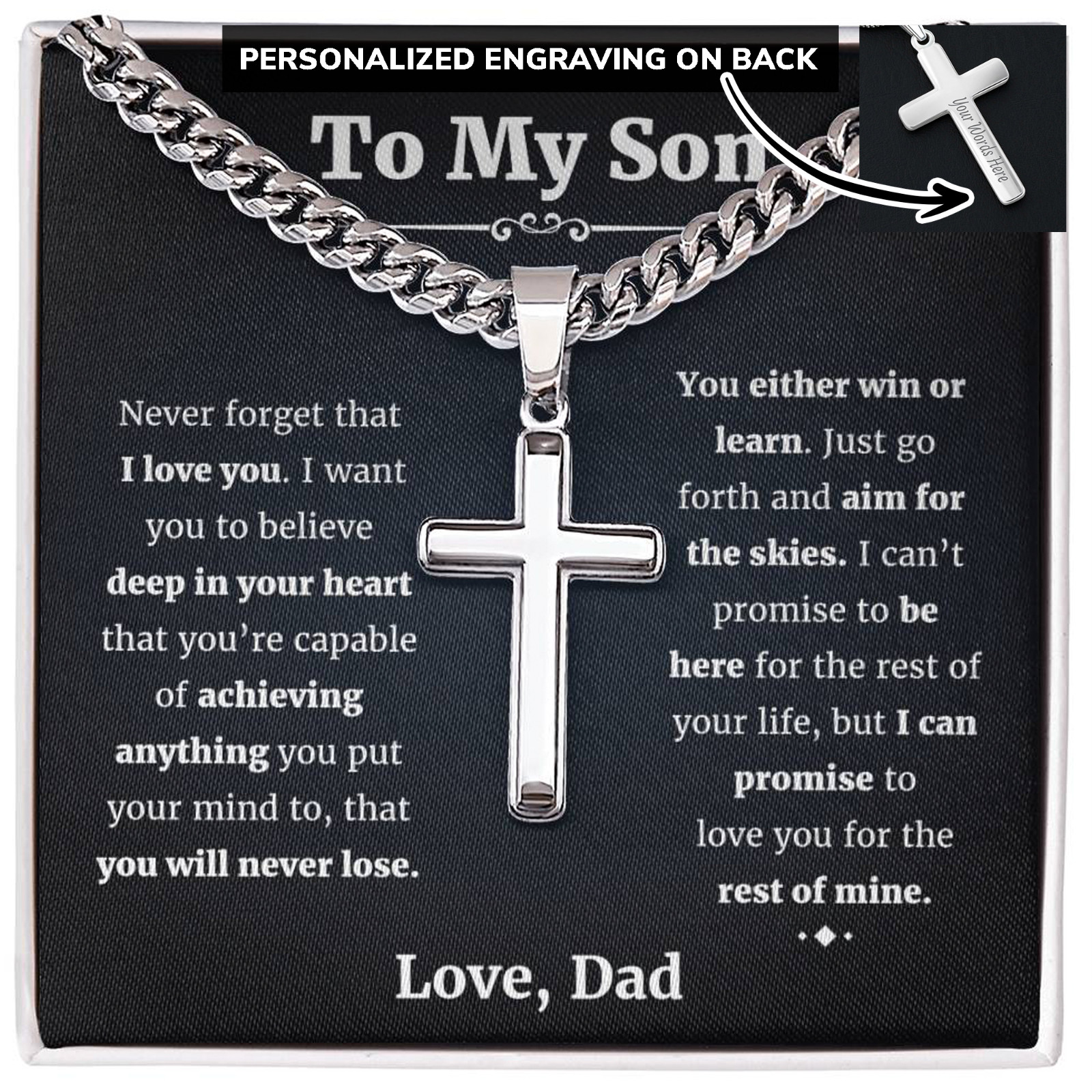 To My Son Cuban Chain With Artisan Cross Necklace, Gift From Father Christmas