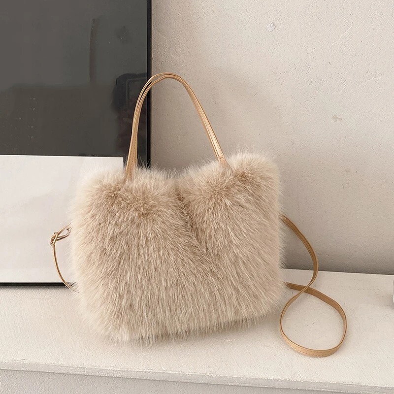 Faux Fur Tote Bag Women's Bucket Plush Luxury Design Ladies Handbags Soft Winter