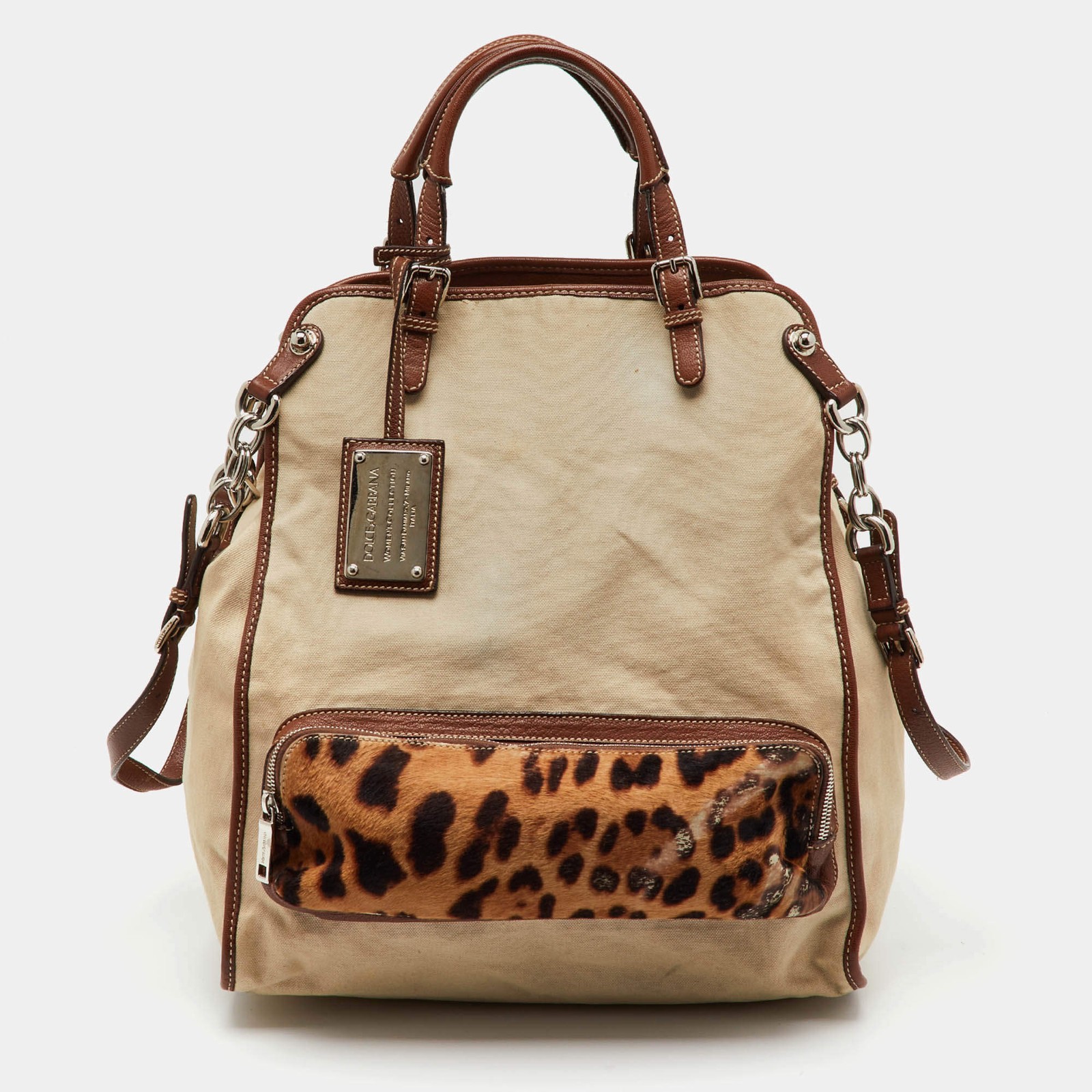 Dolce Gabbana BeigeBrown Canvas and Leather Miss Pocket Tote