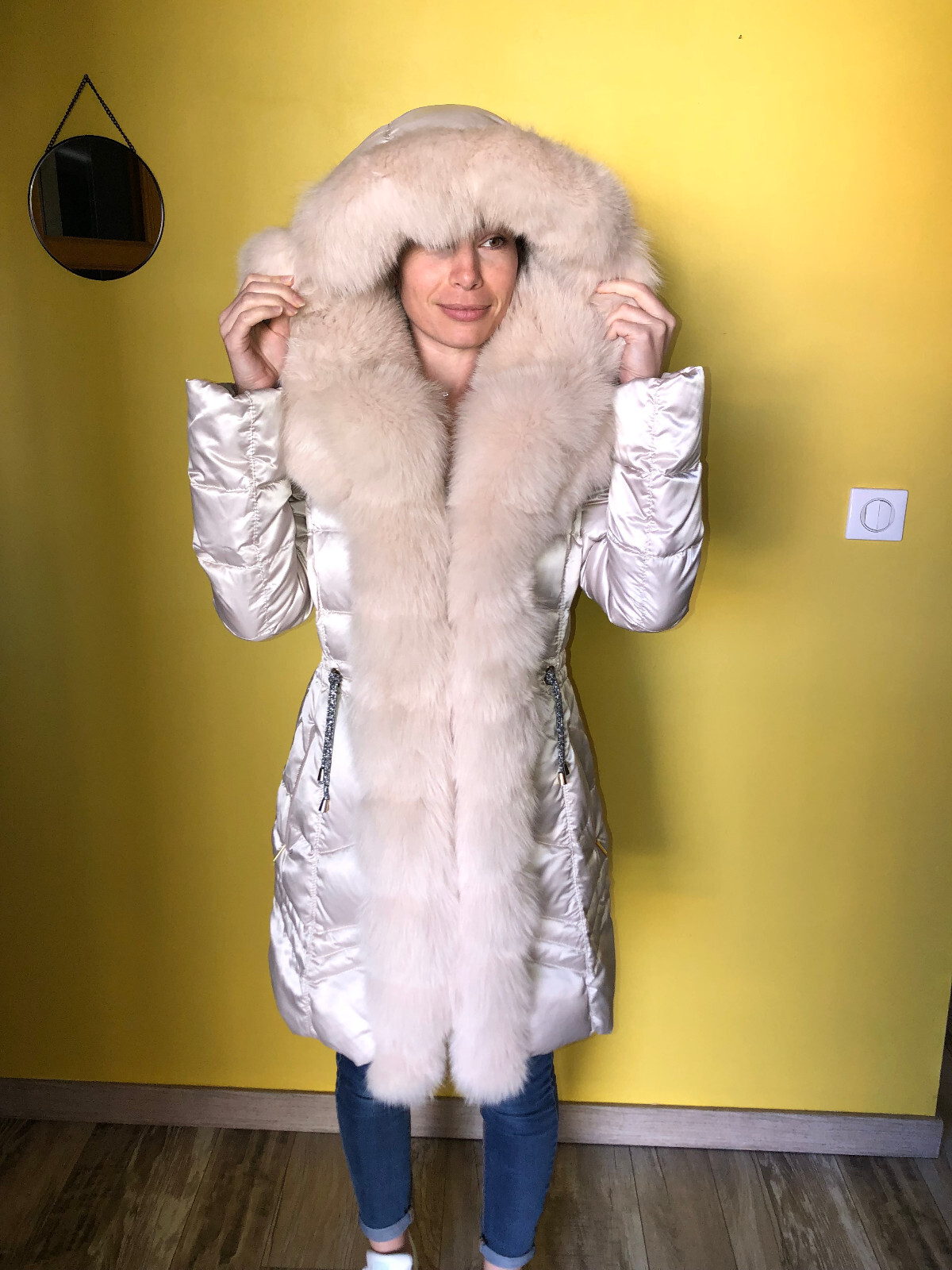 Ivory Mid-Length Luxury Down Jacket + Blue Fox FLO CLO Size 36/38 FR (M) NEW