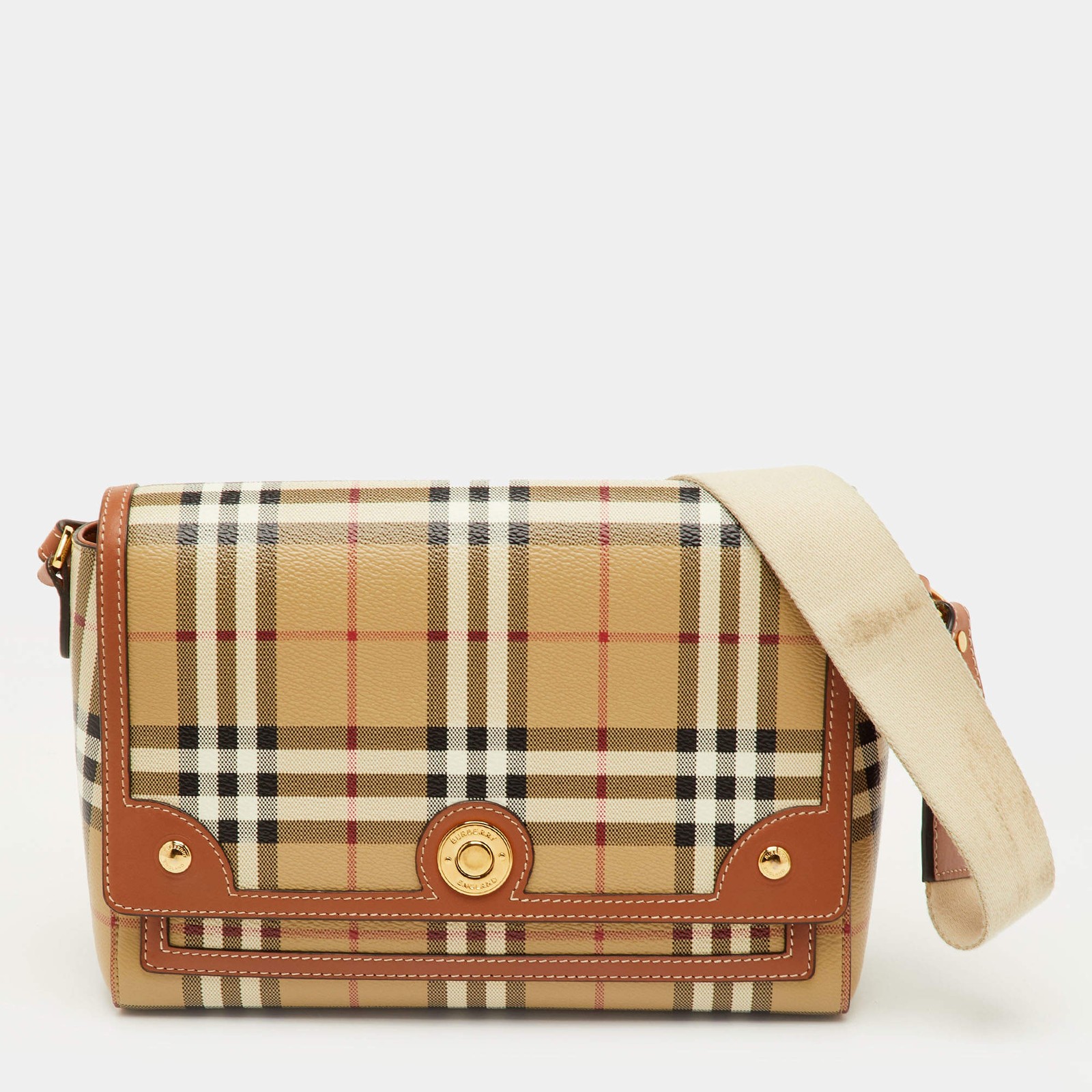 Burberry Note BeigeBrown Check Leather Flap Shoulder Bag