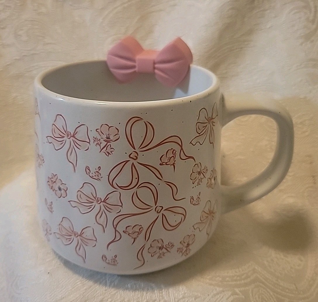 Large Pink bow coffee cup mug holiday fall cozy tea beverage CUTE 