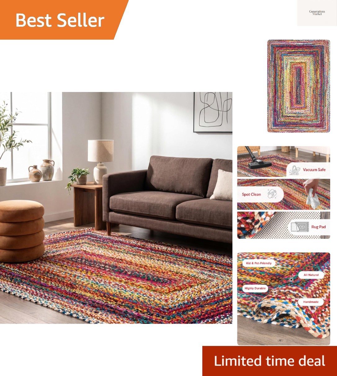 Tammara Multicolor, 2' x 3', Hand Braided, Bohemian, Cotton, Soft and Cozy, H...