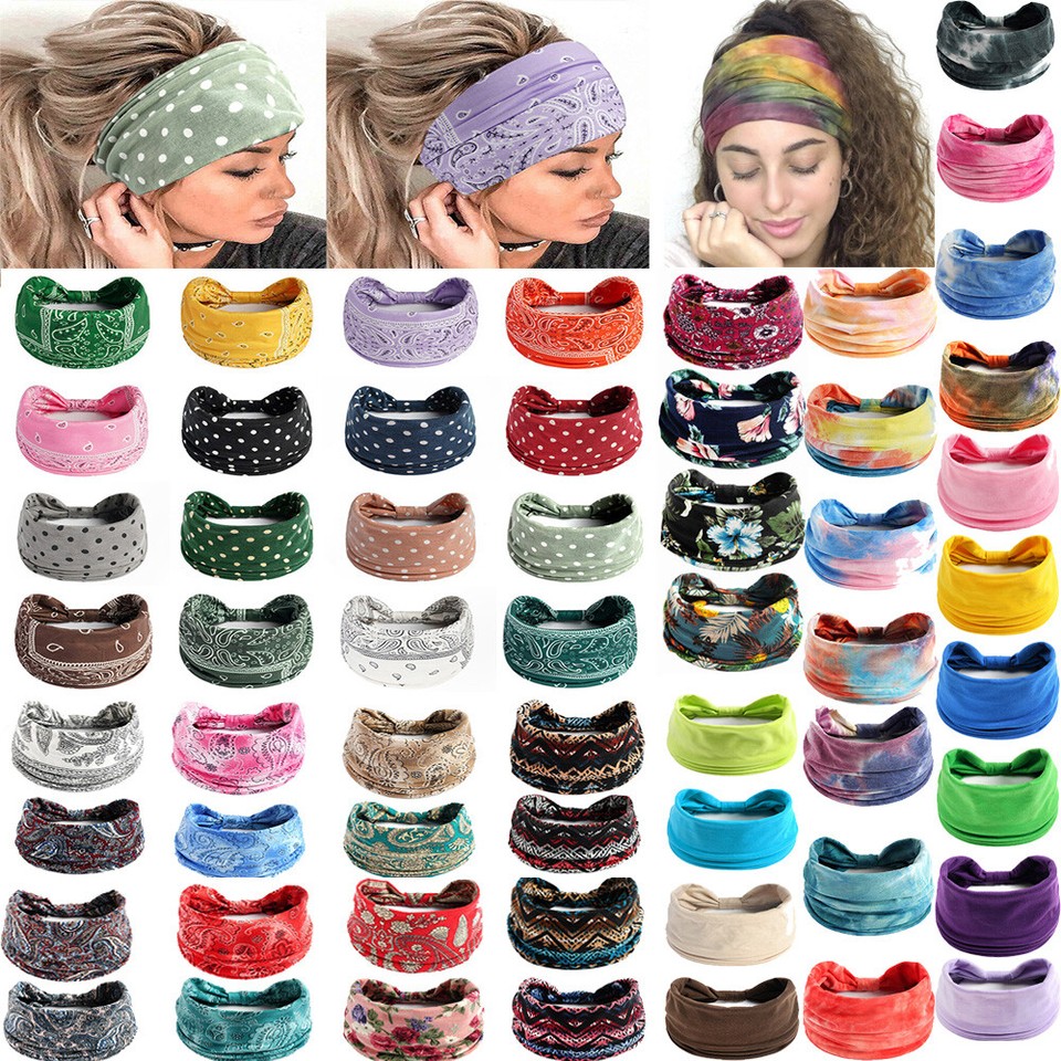 Women Boho Flower Print Wide Headband Vintage Knot Elastic Turban Headwrap  *