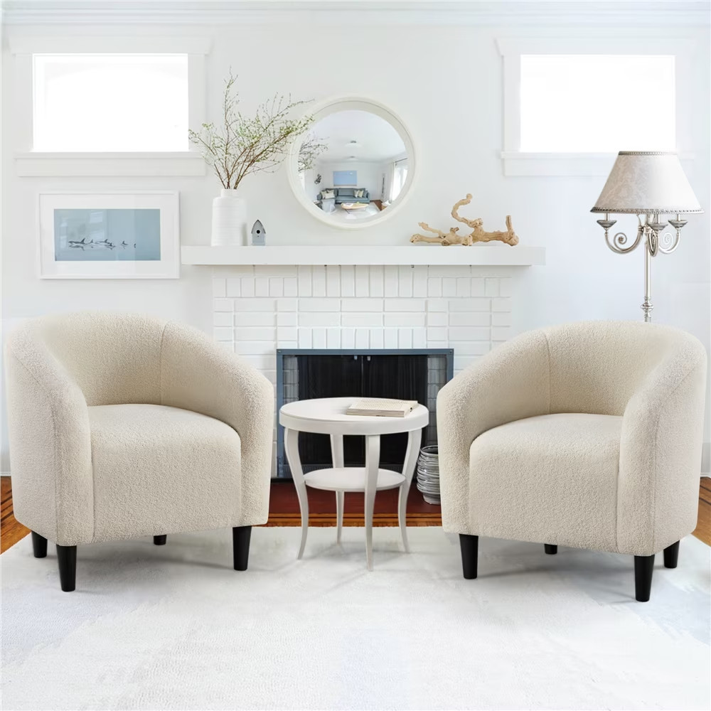 Set of 2 Barrel Furry Accent Chair Sherpa Cozy Fuzzy Club Chairs Ivory Boucle