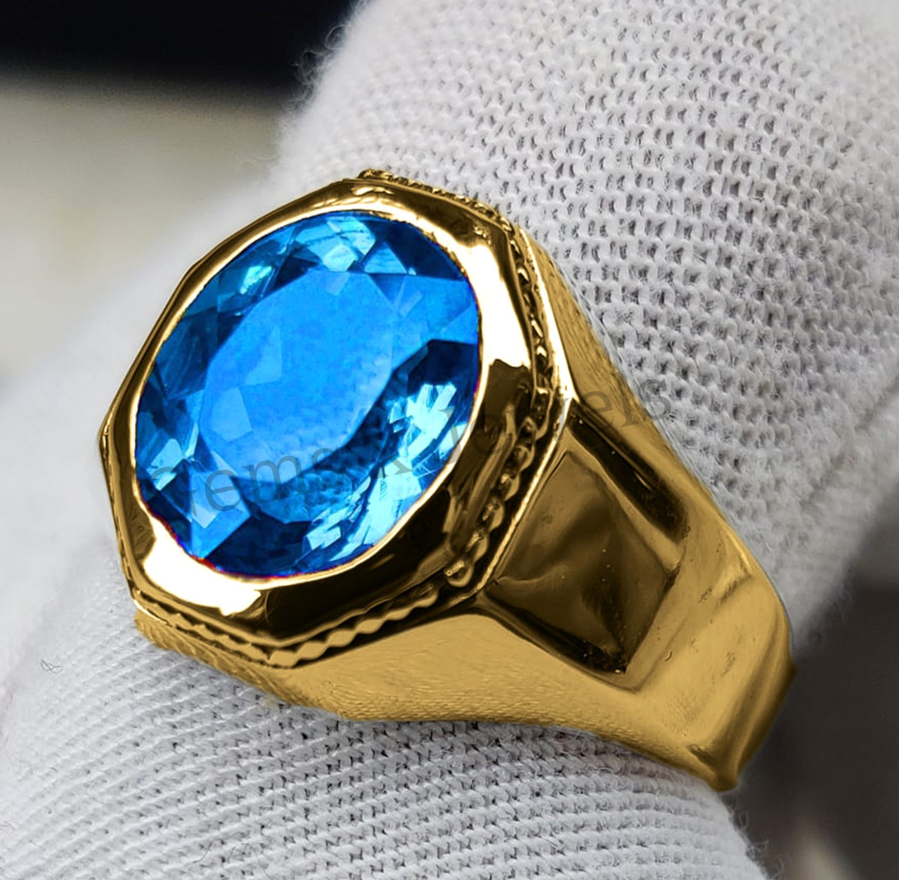 Men's 14k Solid Yellow Gold Blue Topaz Ring - Unique Gift - Special Occasion