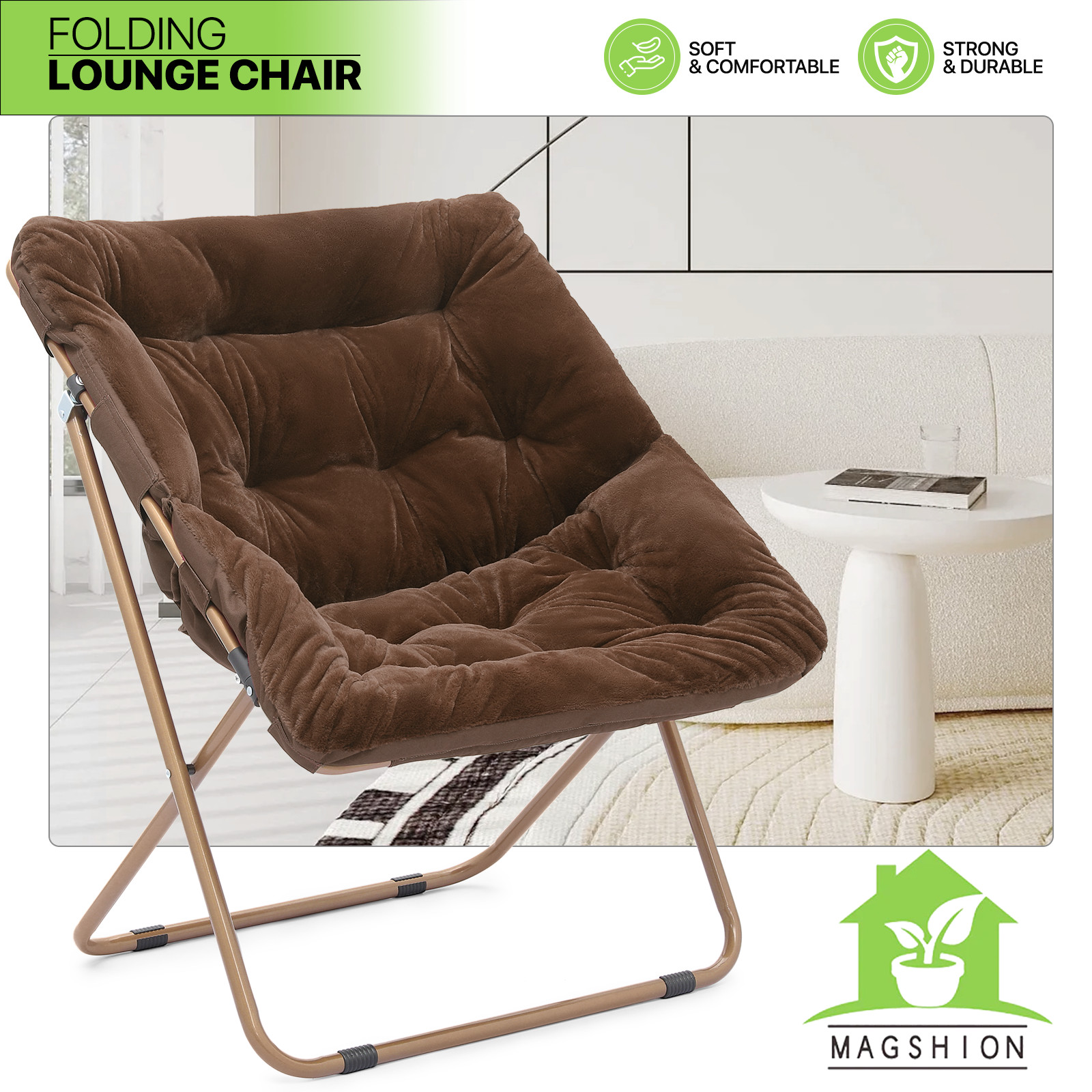 Foldable Saucer Lounge Cozy Moon Chair Brown Home Upholstery Comfy Faux Fur Seat