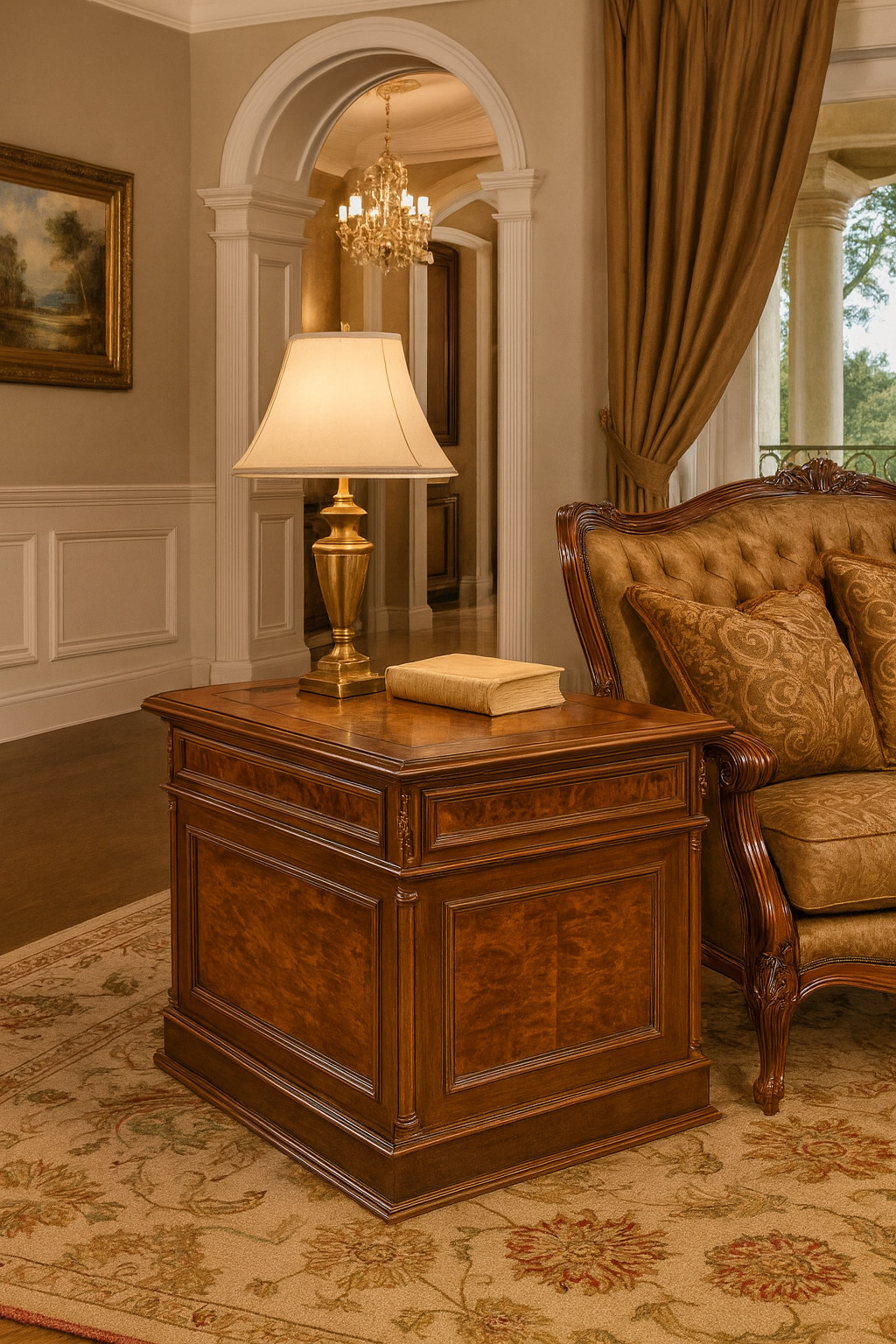 Luxurious Walnut Side Desk / End Table with Storage – Classic Elegant Design